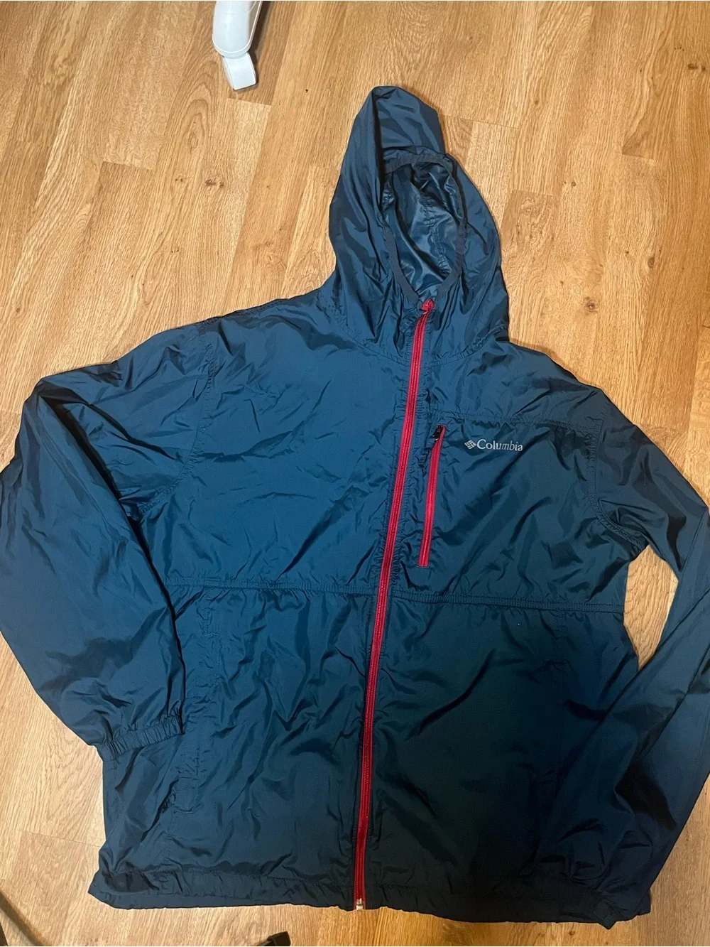Columbia Navy Hooded Windbreaker with Red Zippers